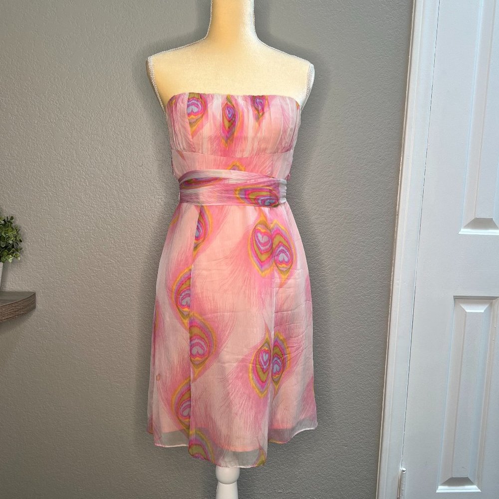 Nanette Lepore Pink Strapless Dress, Peacock Print